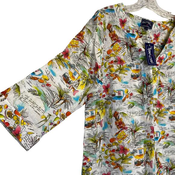 michael's women floral print beach tunic blouse Linen sz m v neck 3/4 sleeve - Picture 5 of 10
